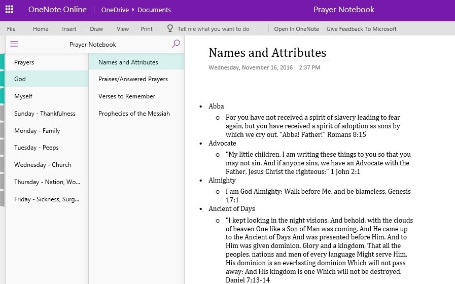 OneNote print screen of my prayer notebook